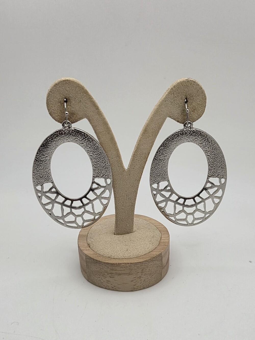 Silver Tone Openwork Geometric Cutout Oval Drop Dangle Earrings Textured